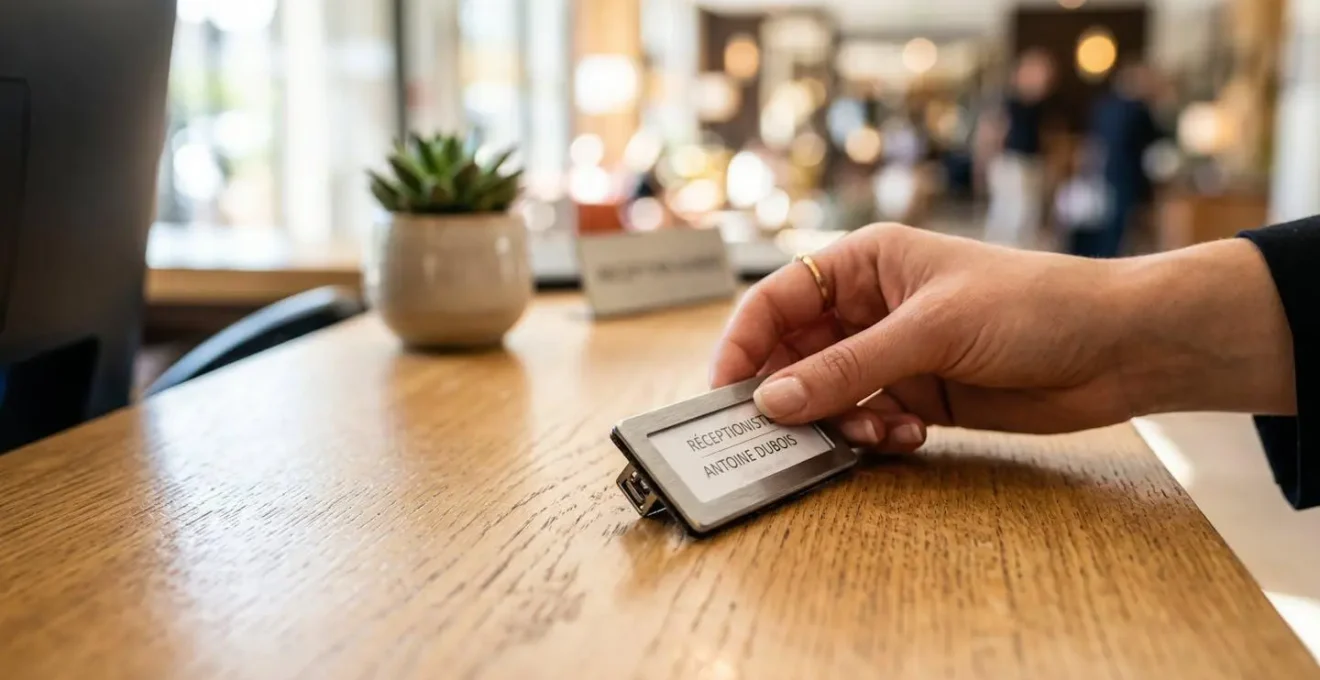 Gros plan sur une main posant un badge nominatif sur une table de réception moderne avec lobby d'hôtel contemporain en arrière-plan flouté