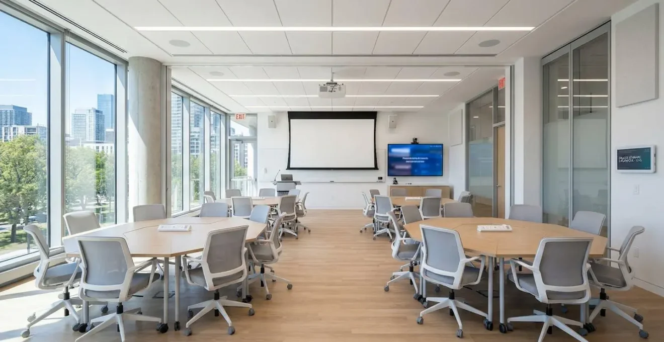 Vue grand angle d'une salle de séminaire vide en configuration îlots avec lumière naturelle abondante et équipements audiovisuels